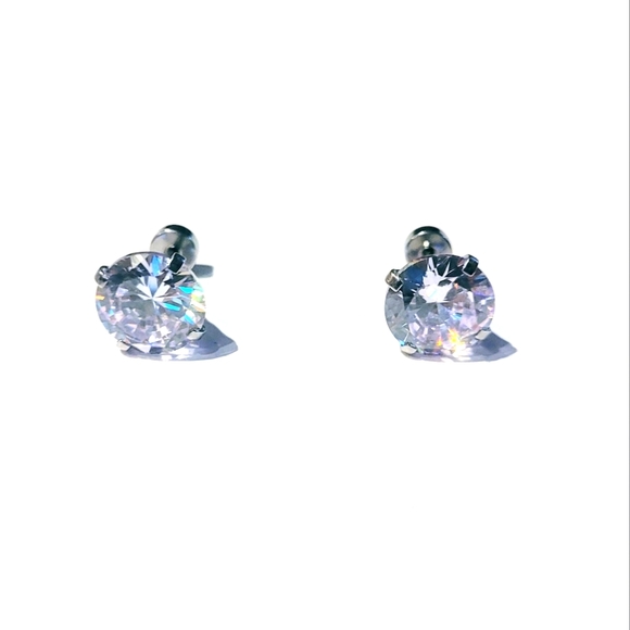 Stunning 10mm cubic zirconia silver stainless steel stud earring w/ screw backs - Picture 3 of 4